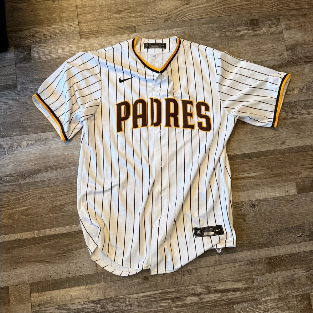 Nike White Padres Pinstripe Baseball Jersey with Brown and Gold Trim